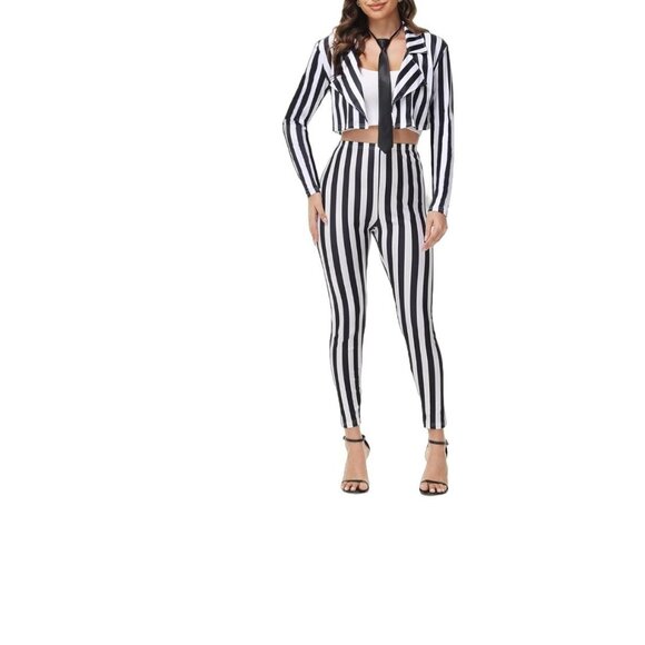 Womens Black & White Striped Two-Piece Set - Jacket & Pants Size L - Picture 1 of 6